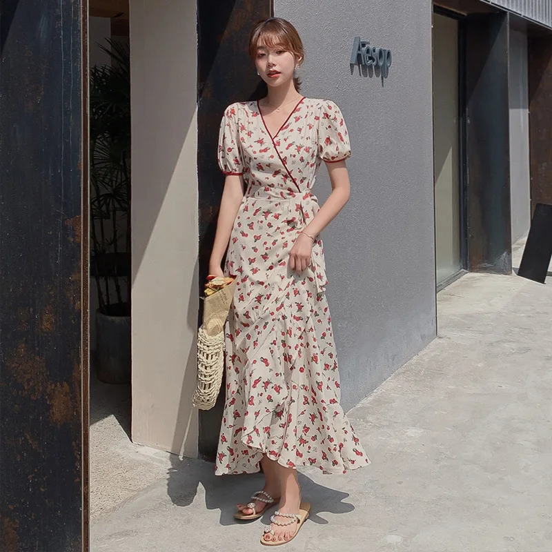 

French Retro Elegant Fairy Dress Women Summer Short Sleeve Chiffon Floral Dress Cottagecore Sweet Cute Streetwear Party Wears
