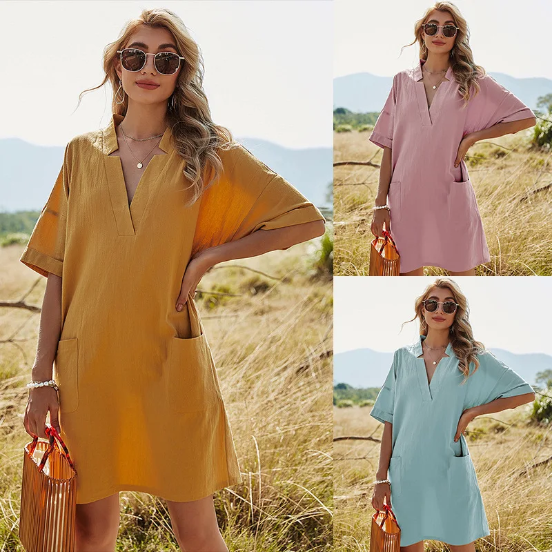 Solid Color V-Neck Pocket A-Line Skirt Bag Casual Loose Dress woman dress women dress dress women