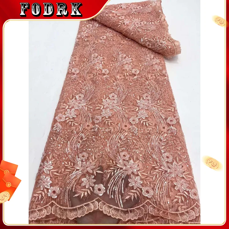 

Luxury Hand Beaded 3D Lace Fabric 5 Yards French Tulle Embroidery Fabric Sequins Nigerian Fabric for Wedding Bridal Dress