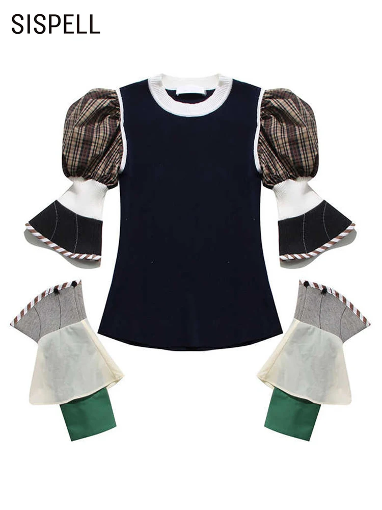 

SISPELL Hit Color Knitting Sweaters For Women Round Neck Puff Sleeve Patchwork Plaid Loose Casual Sweater Female Autumn Fashion