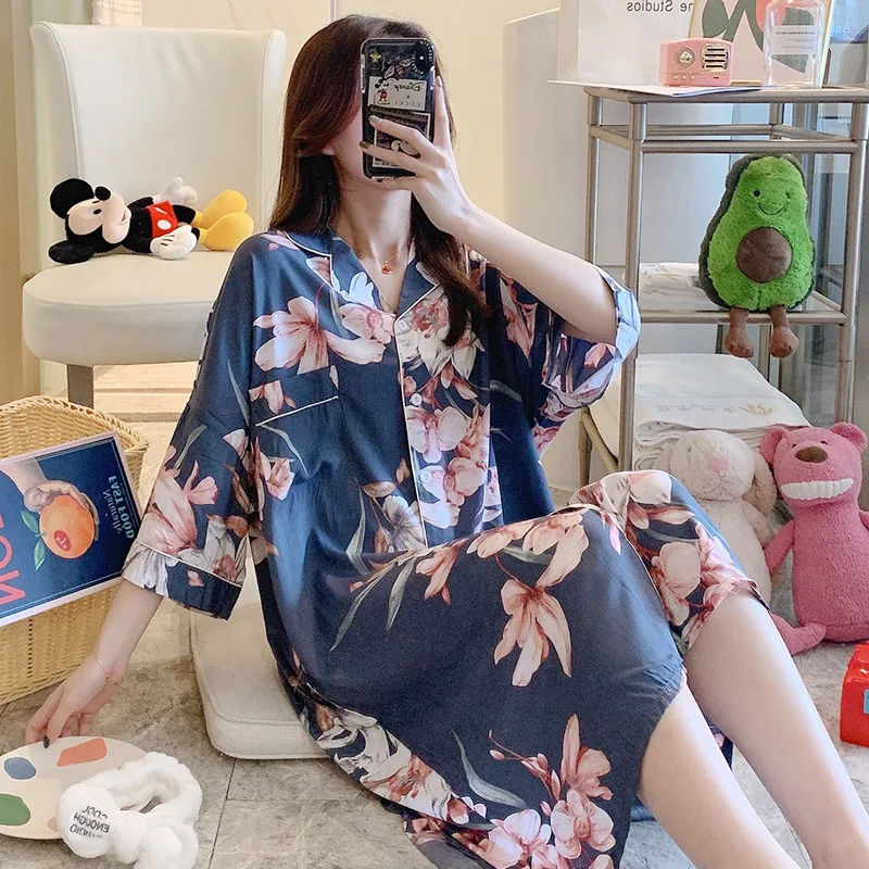 Night Dress Women Sexy Sleepwear Cotton Silk Nightgown Cardigan Button