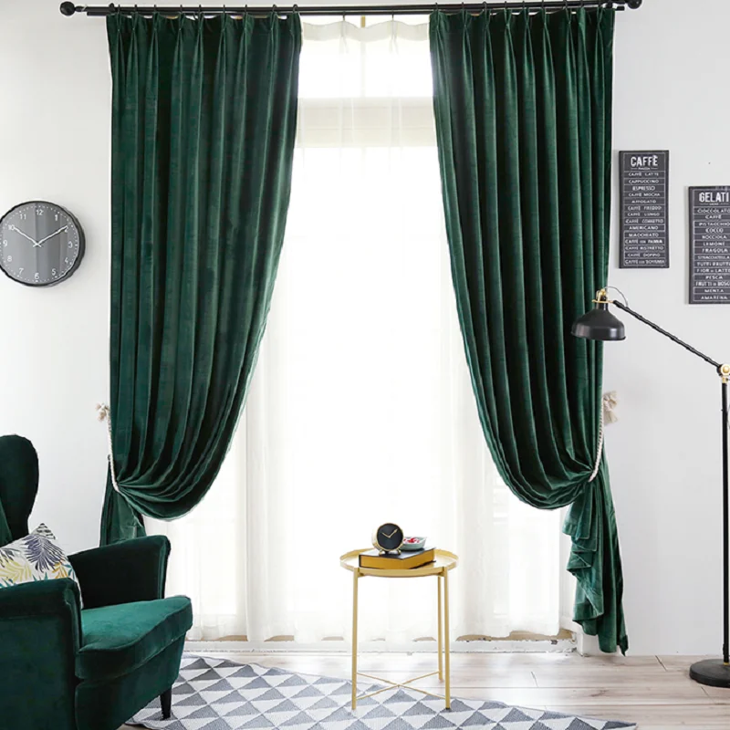 

American Velvet Curtains for Living Dining Room Bedroom Nordic Thick Luxury Shading High-end Curtain Retro Dark Green