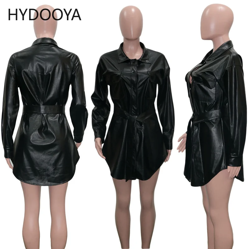 Slim PU Coats Windbreaker Women Faux Leather Jackets Vintage Motor Biker Jackets Elegant Tie Belt Waist Pockets Buttons Coats