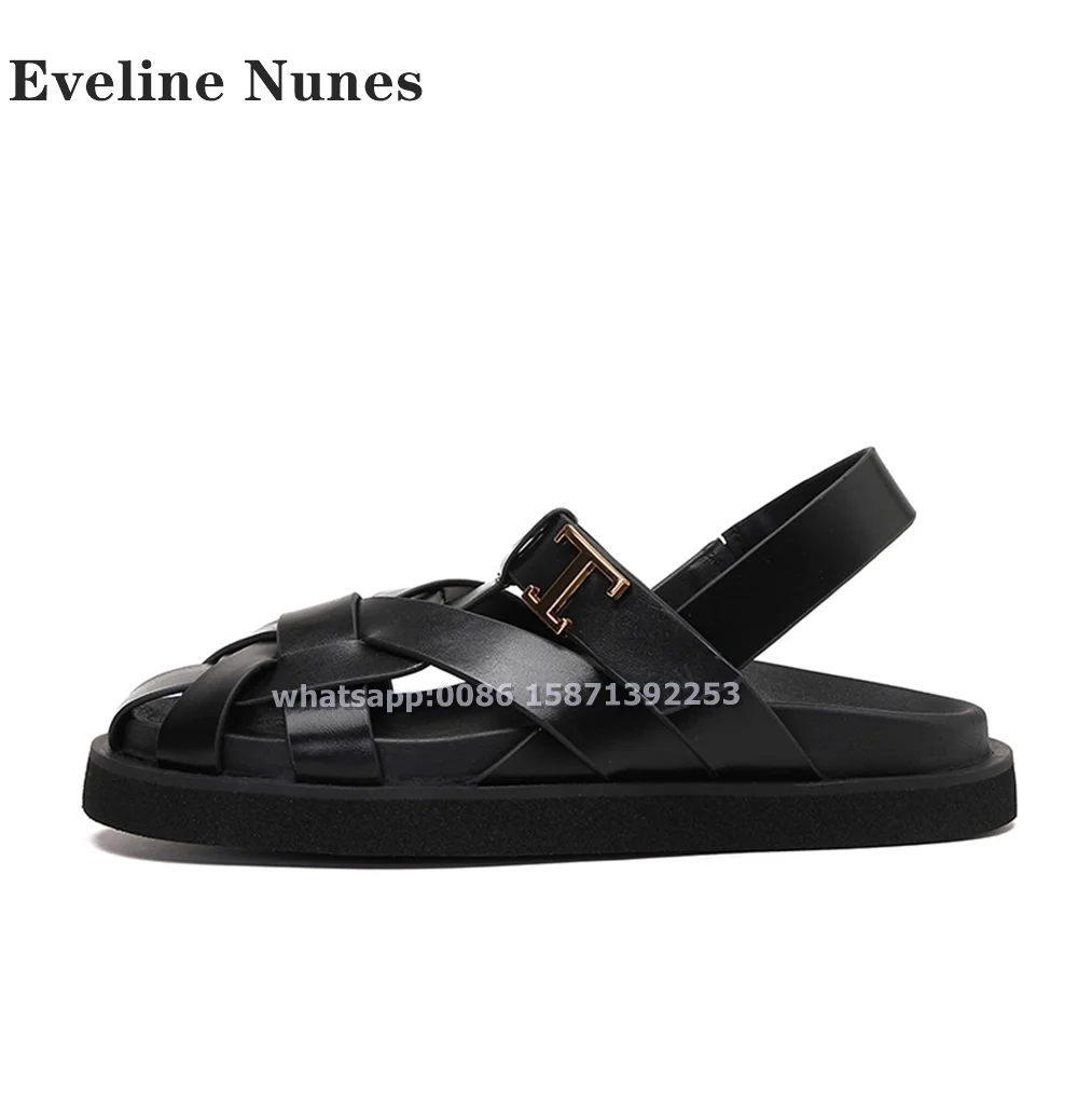 Сандалии с открытой пяткой плетеные босоножки металлической пряжкой круглый