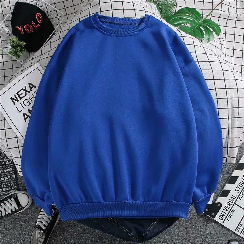 

Solid Color Round Neck Men Sweater Loose Plus Velvet Long-sleeved T-shirt Japanese Simple Women's Bottoming Shirt M-5XL Harajuku