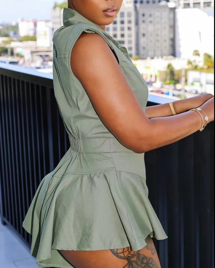 Женский Повседневный комбинезон на пуговицах однотонный без рукавов с отложным