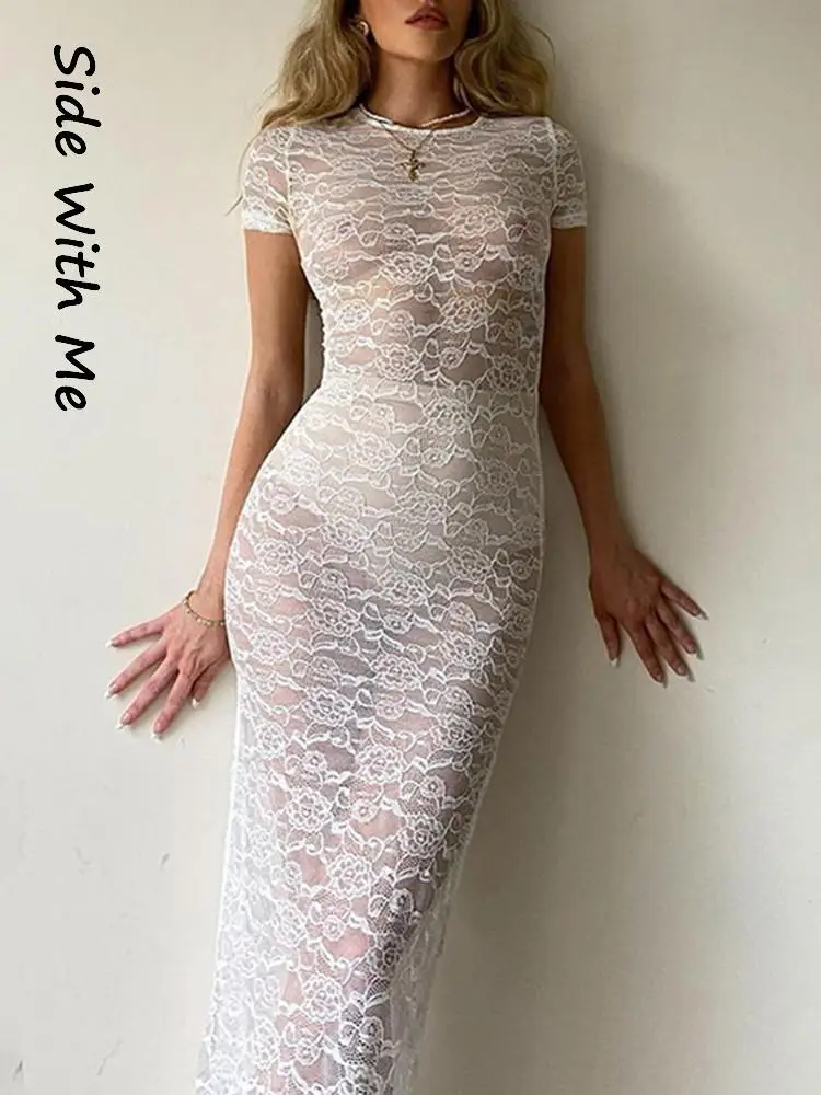 

Side with Me Bodycon Sexy Short Sleeve Lace Women's Midi Split Dress 2022 Summer White Mesh Cut Out Party Club Women Dresses