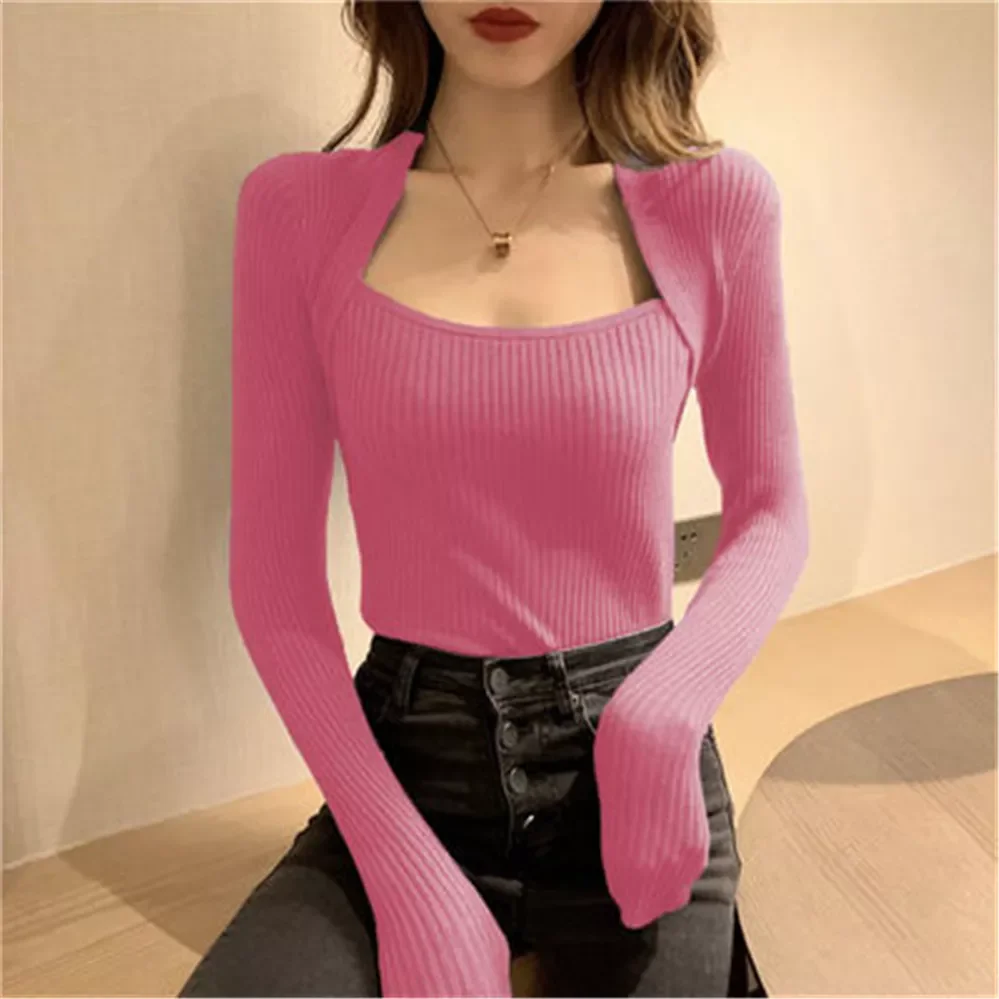 

New2022 Fashion New Woman Sweaters Spring Autumn Sweater Slim T-shirt Woman Square-Neck Knitted Long-Sleeved basic Top ZY5860
