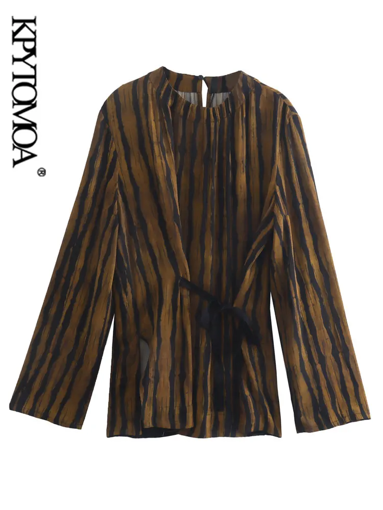 

KPYTOMOA Women Fashion With Tied Printed Pyjama Shirts Vintage Long Sleeve Side Vents Female Blouses Blusas Chic Tops
