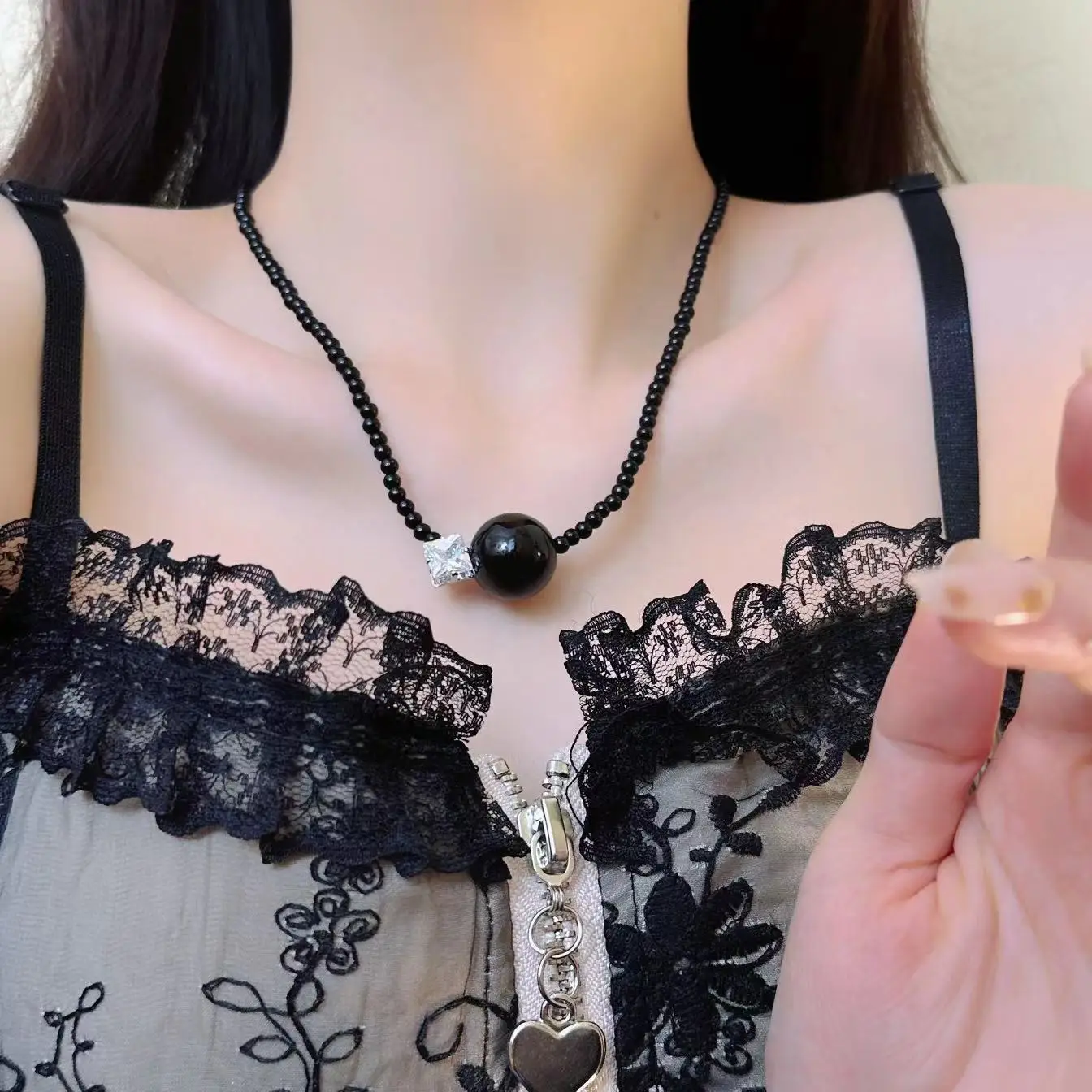 Sweet Cool Gyaru черные бусины кулон темперамент персонализированное ожерелье женское