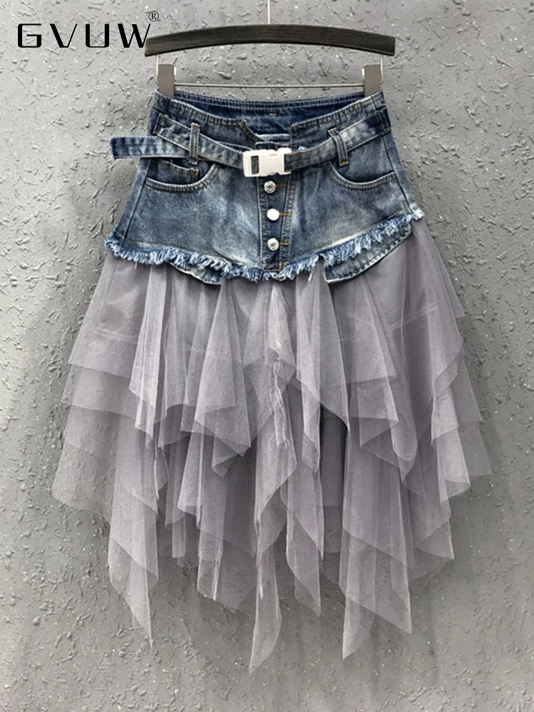 

GVUW 2023 Summer New Mesh Spliced Denim Skirt For Women High Waist Slim Versatile Belt Color Block Female Clothing Trend 17G1959