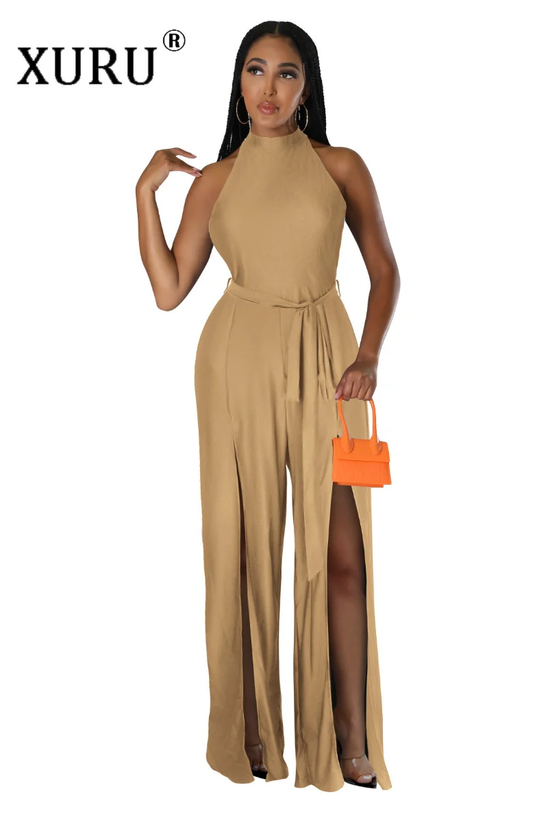 XURU-sexy High-split Strapping Jumpsuit, Spring New Women's Black Sleeveless Three-dimensional Jumpsuit 60A1882