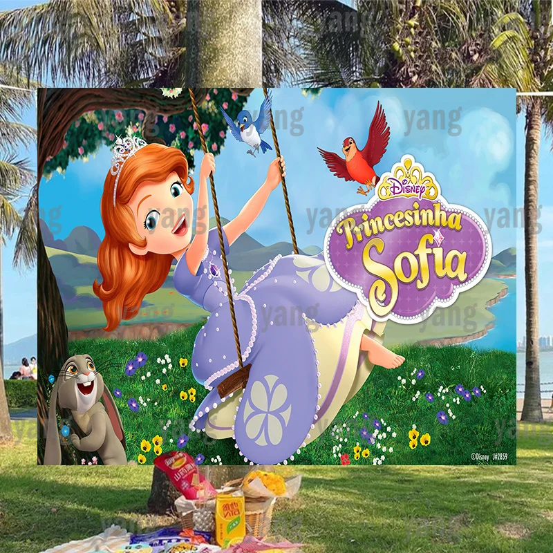 

Cute Disney Little Princess Sofia On The Swings Backdrop Baby Banner Shower Flowers Castle Background Birthday Party Decoration