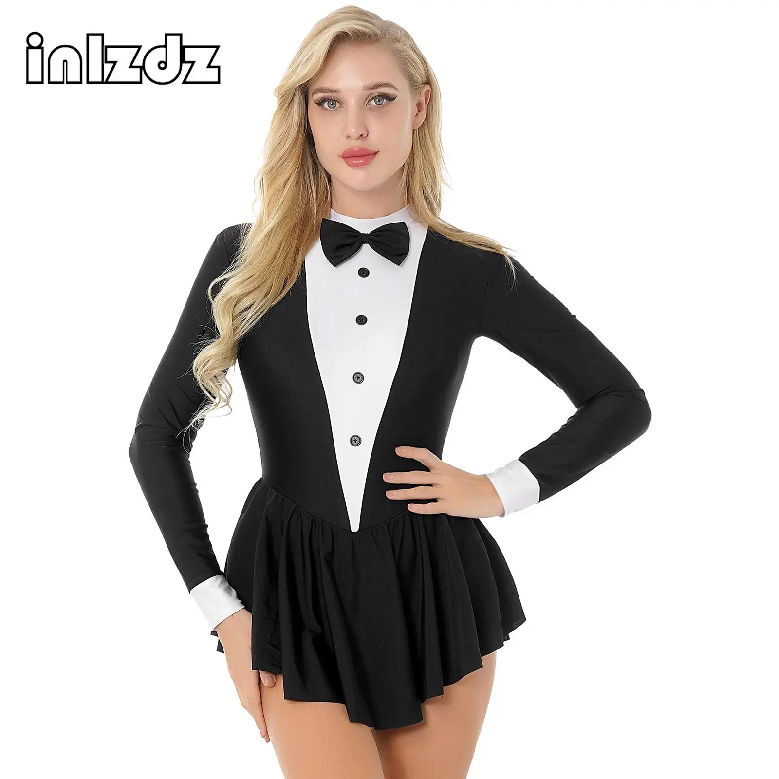 

Women Contrast Color Tuxedo Waitress Dress Bowknot Long Sleeve Ballroom Latin Dance Dress Ballet Leotard Skating Dancewear