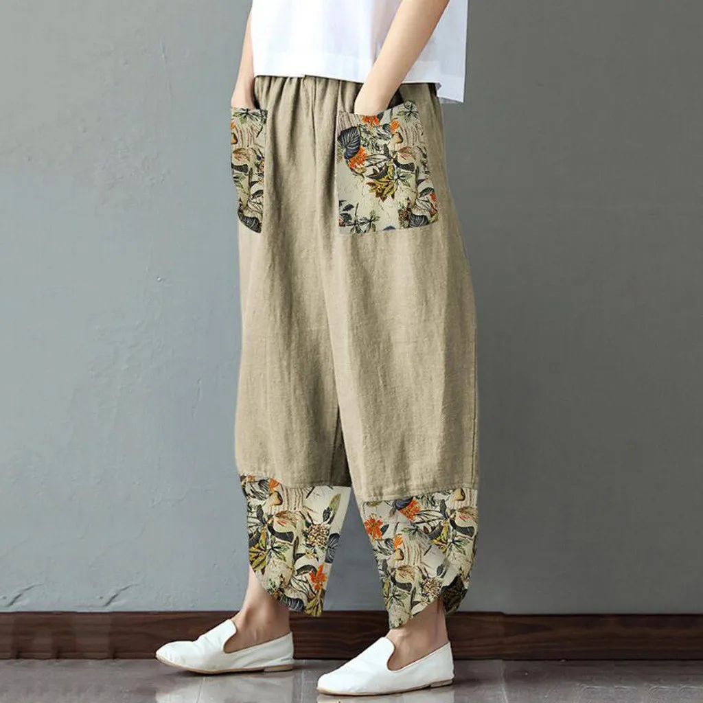 Fashion Ethnic Print Pants Casual Vintage Patchwork With Pocket Pants Ladies Loose Wide Leg Elegant Street Women Summer