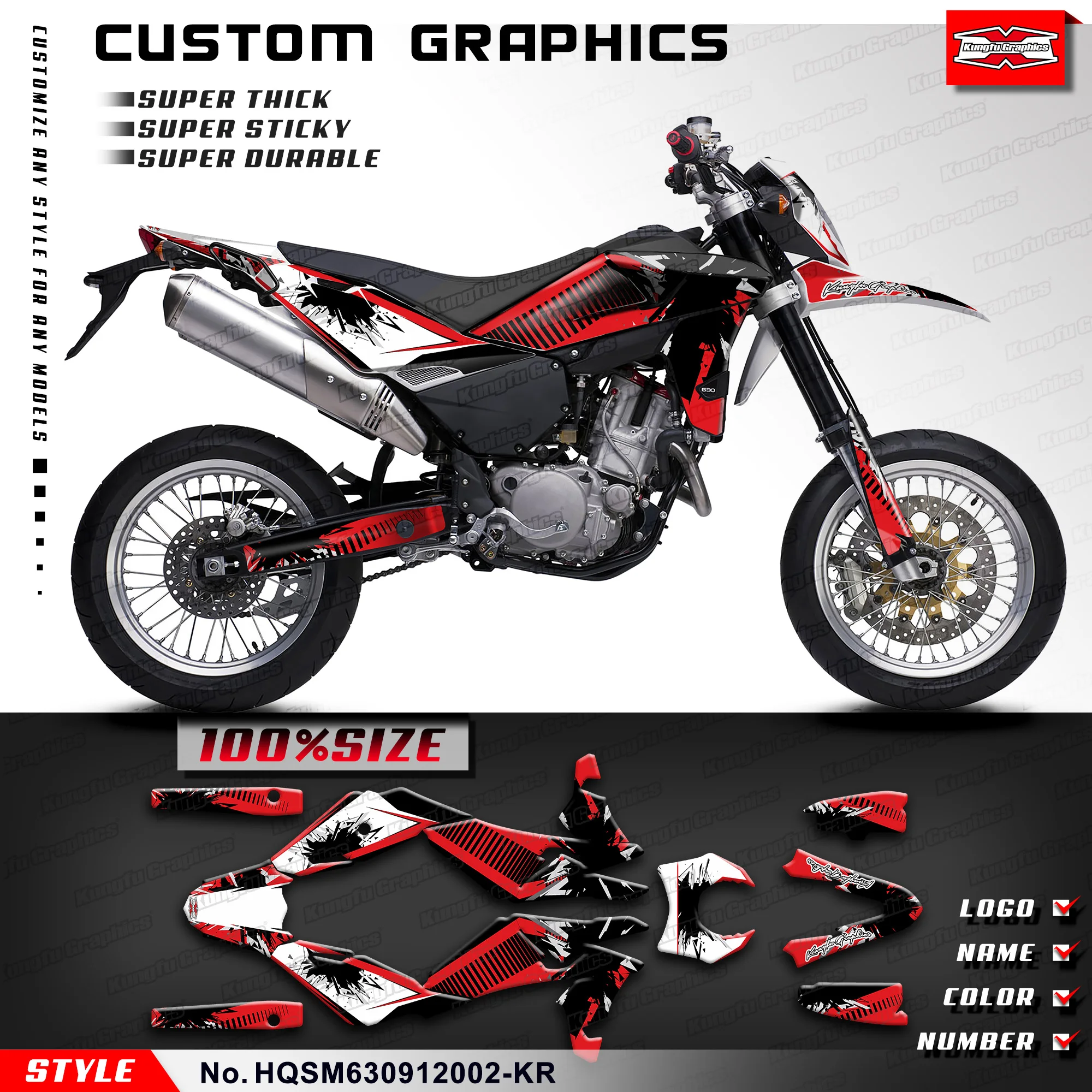Фото KUNGFU GRAPHCS комплект виниловой наклейки для Husqvarna TE SM SMS 630 2009 2010 2011 2012, HQSM630912002-KR №1