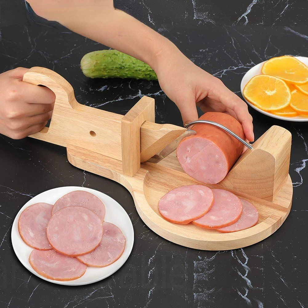 

2022 new Wooden Sausage Guillotine Meat Slicer Cutter With Blade， Safety Lock Peg, Food Cutters Kitchen Gadget for Home