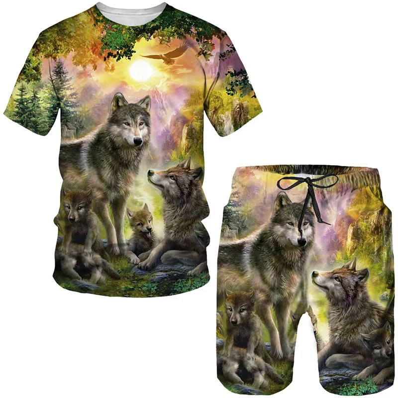 Summer Cool Wolf Printing Men's T Shirt Loose O-neck Short Sleeve Tops Casual Comfortable Shorts 2 Piece Outfit Men Clothing