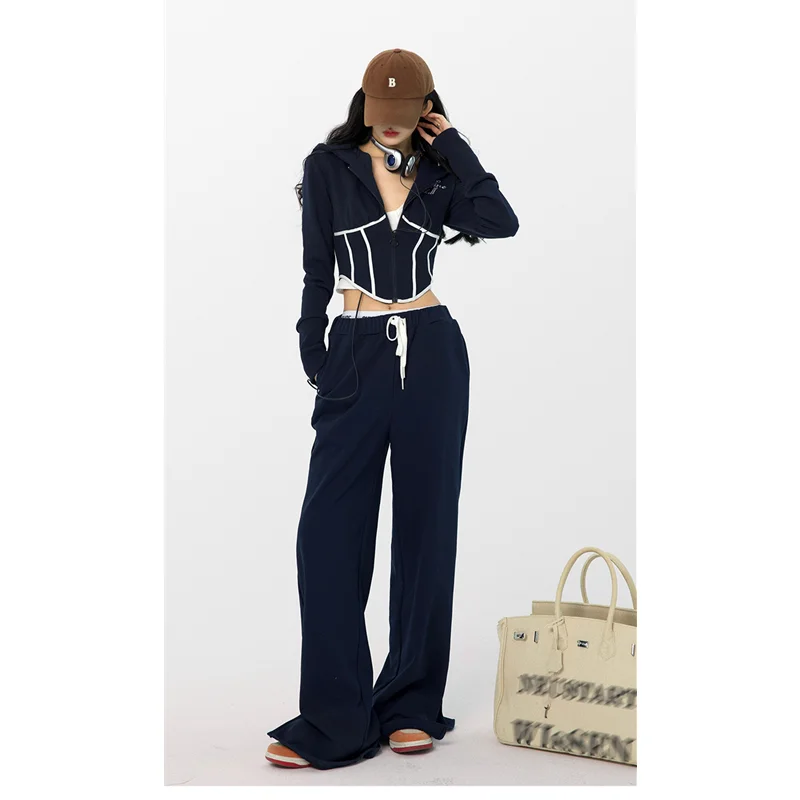 

Straight High Waisted Women's Slit Sports Pants American Fashion Streetwear Sweatshirt Two-piece Suit Casual Wide Leg Trouser