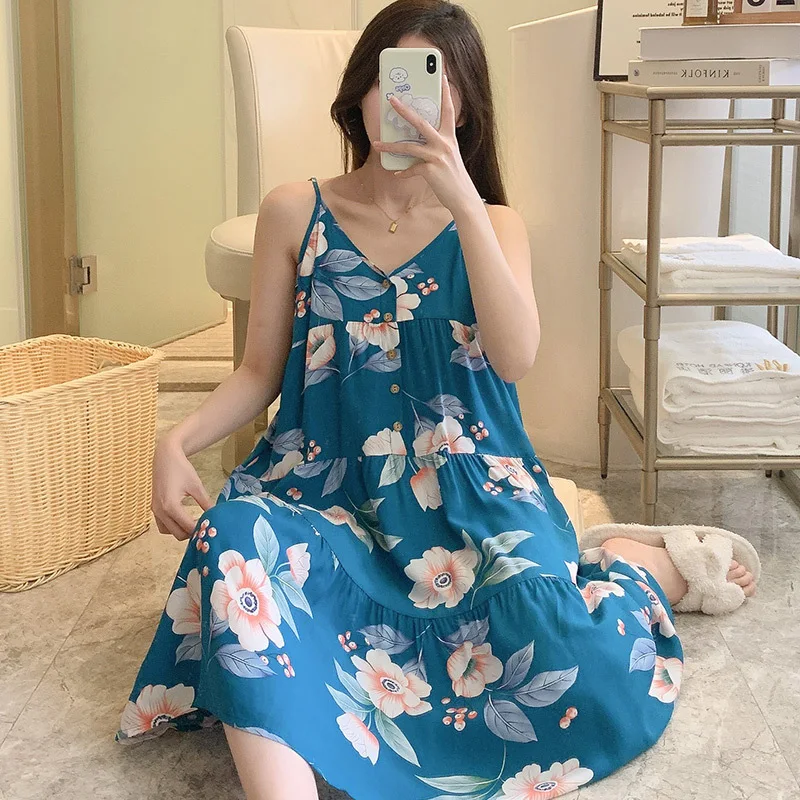Womens Nightgown Spaghetti Straps Summer Soft Thin Cotton Nightdress Sleepwear Floral Print Sleep Dress House Dress with Button