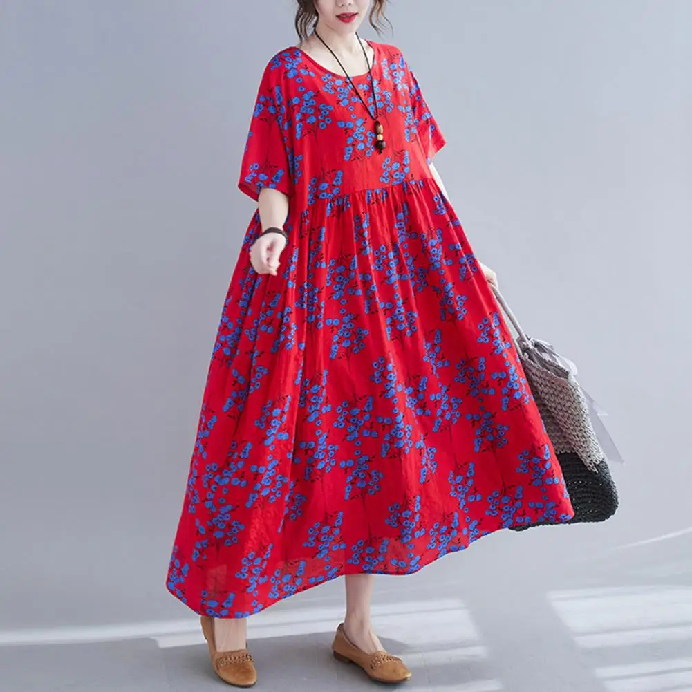

Flower Print Contrast Color Summer Dress Pullover Sweet Oversized Women Dress O Neck Big Hem Summer Dress Mid-calf Length Dress