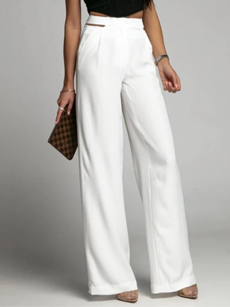 

Sexy High Waist Hollow Straight Trousers Office Commuter Button Drape Women Pants Solid Wide Leg Pocket Summer Street Long Pants