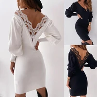 lantern long sleeve waist tight bodycon dress solid color double v neck lace stitching backless women dress streetwear