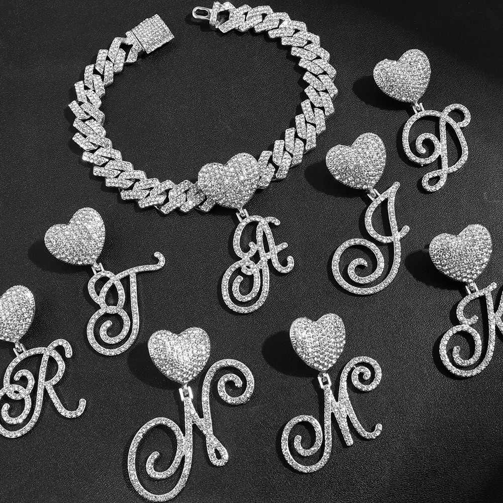 

Fashion Crystal Heart 26 Initial Cursive Anklets for Women 14MM Hip Hop Iced Out Jewelry Prong Cuban Link Chain Anklet Bracelet