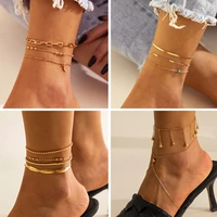 trendy jewelry multi layer anklet chains green bead copper chain tassel foot ornaments beach overlapping moon anklet for womemn
