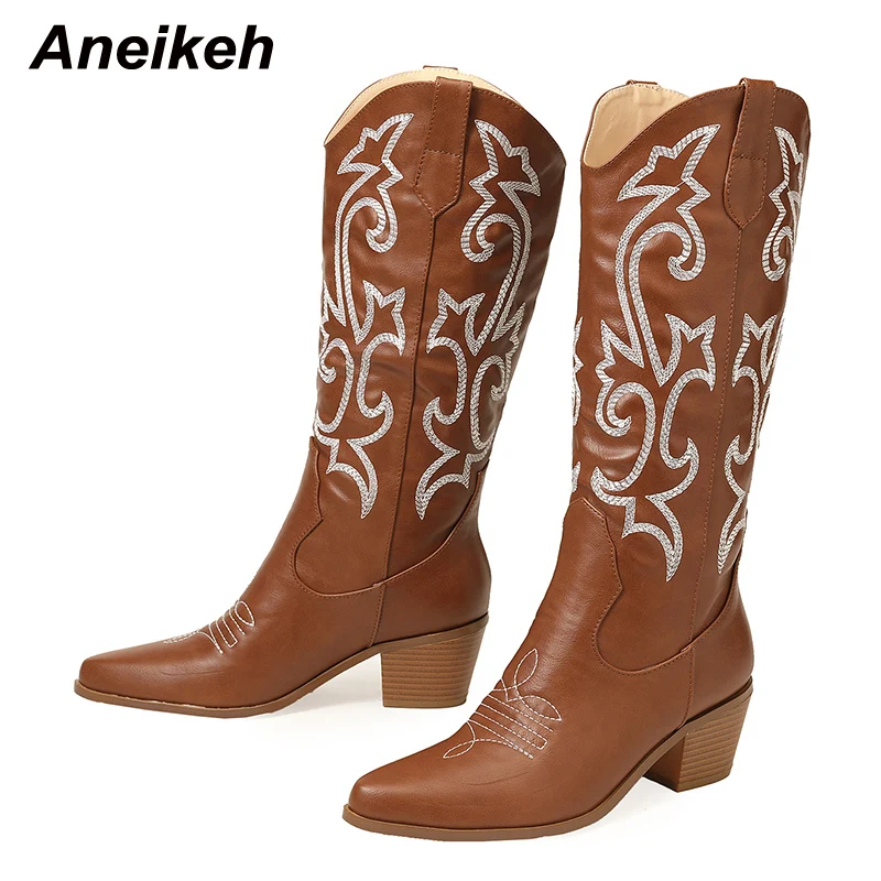 

Aneikeh Fashion Thick Heel Western Boots Women's Shoes Autumn Embroidered Sleeve Cavalry Vintage Mid Tube Horse Boots Female 42