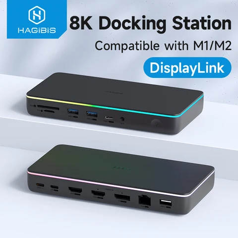 Хагбис DisplayLink USB C док-станция с тройным дисплеем 3 монитора с DP MST Hub 100 Вт PD RJ45 LED для MacBook M1 M2 Windows