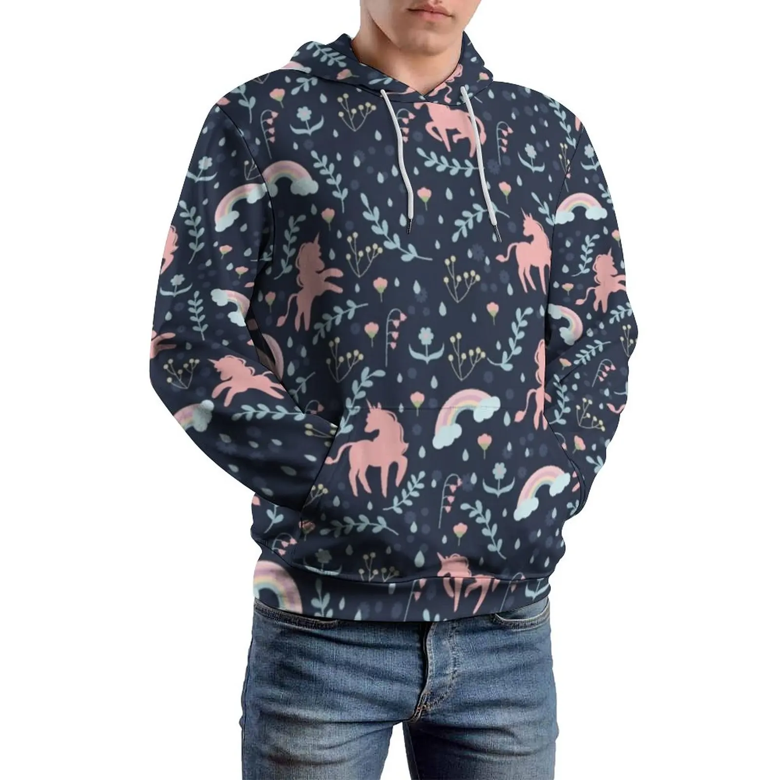 

Винтажные повседневные толстовки с единорогом, мужские корейские модные толстовки с цветочным принтом радуги, весенние Смешные Топы с длин...