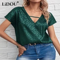 summer new fashion womens v neck hollow out satin jacquard loose casual t shirt tops female vintage short sleeve pullover tee