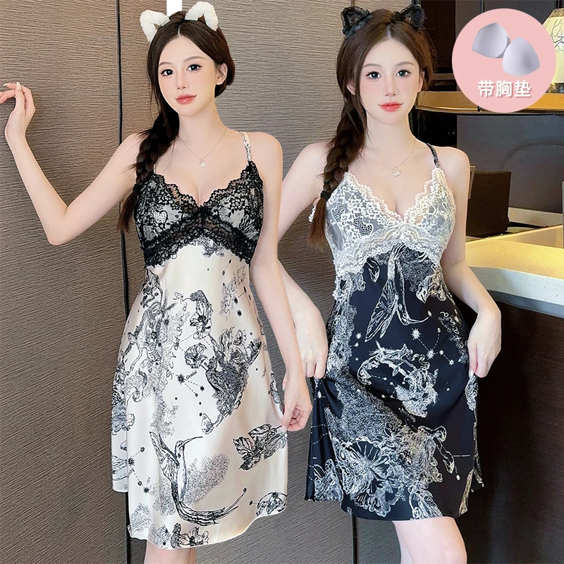 2024 Летнее шелковое атласное сексуальное кружевное белье ночные рубашки на