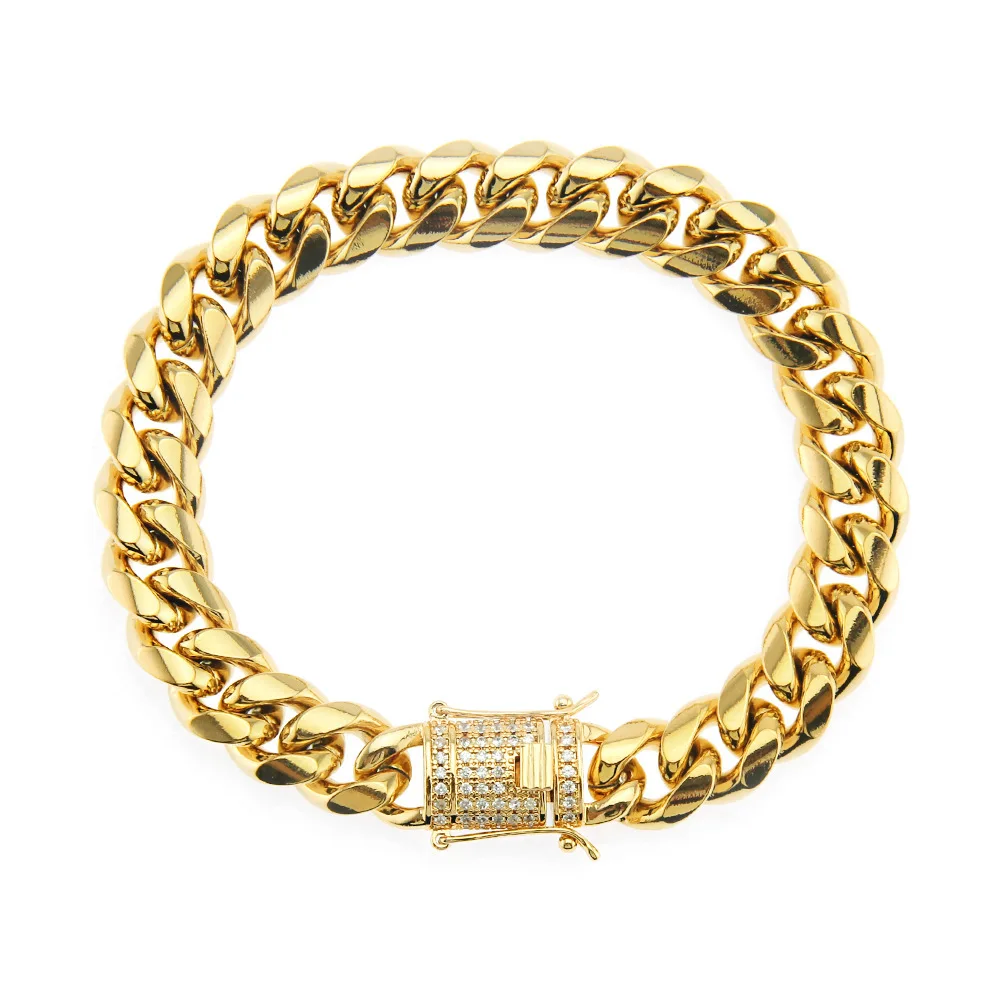

European And American Hip-hop Men's Stainless Steel Micro-inlaid Zircon Cuban Bracelet Color Resistant Electroplated Gossy