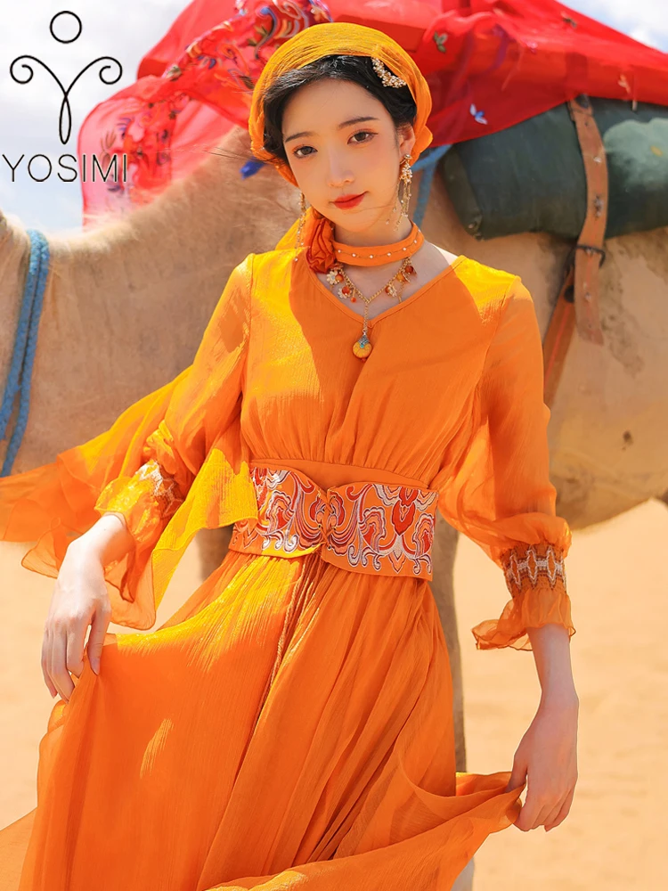 

YOSIMI Long Women Dress Desert Travel 2023 Summer Rayon Fit and Flare Maxi Women Dress Ankle-Length Bandage Empire Beach Dresses