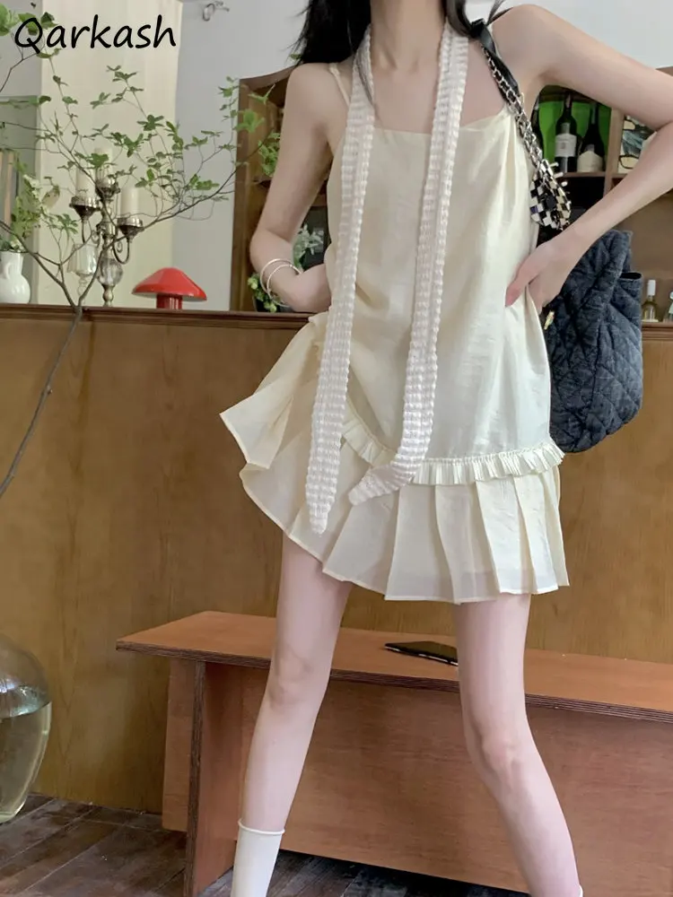 

Мини-платье женское без рукавов, милый Повседневный Сарафан с завязкой, на бретелях-спагетти, ТРАПЕЦИЕВИДНОЕ, для студенток, на лето