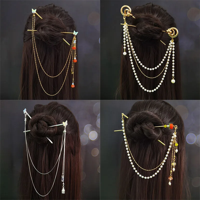 

Double Chain Hair Fork Pearl Tassel Hair Stick Hairpin Chinese Style Retro Hair Accessories for Hanfu Tiaras Ornaments