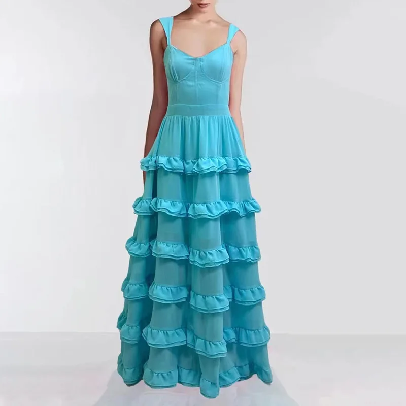 

New Solid Design Women Dress Fashion Cascading Ruffle Women A-Line Dresses 72015