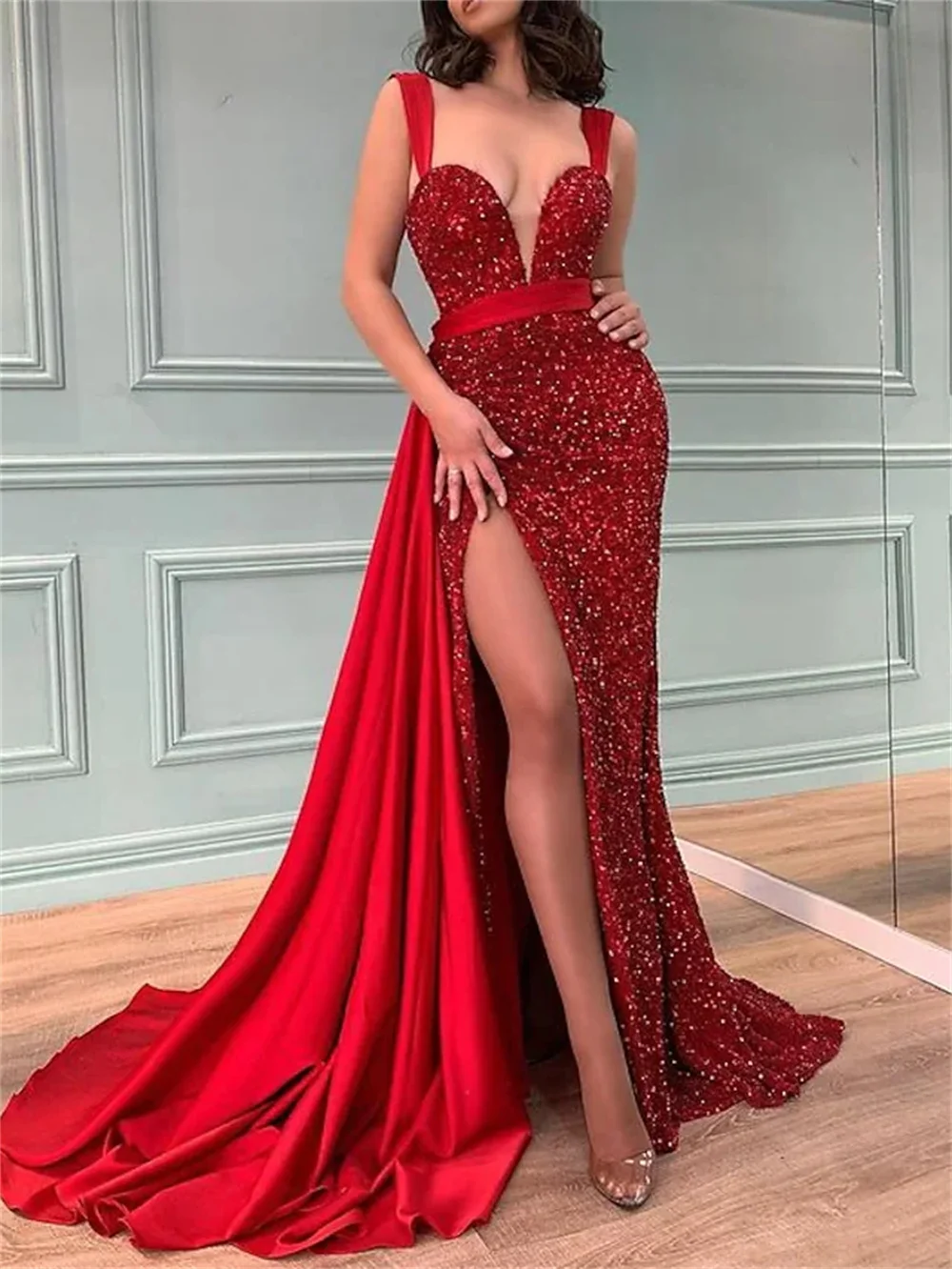 

Mermaid / Trumpet Sparkle Sexy Engagement Formal Evening Dress V Neck Sleeveless Sweep Brush Train Sequined with Slit 2023