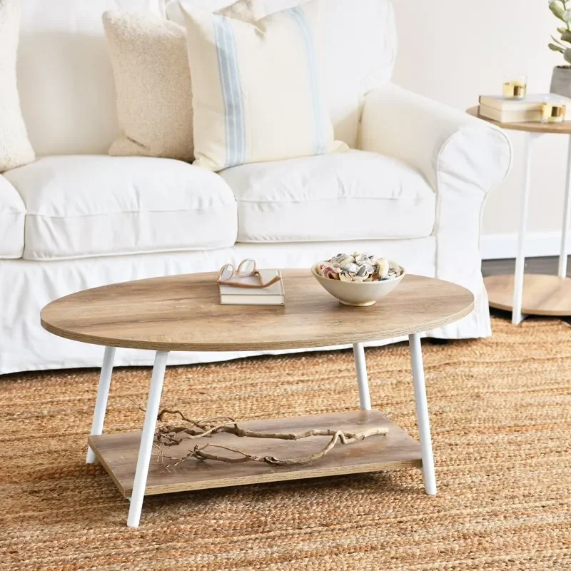 

Fantastic 2 Tier Coffee Table with Angled Steel Legs, Faux Two-Toned Wood Design and Coastal Oak Finish, Perfect for Storage She