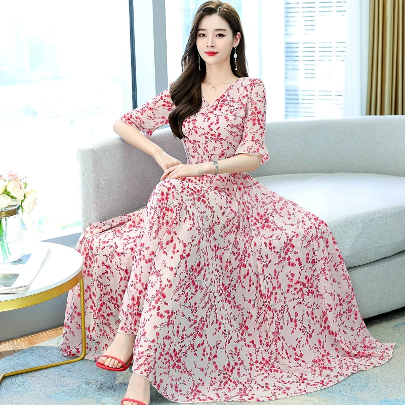 

2022 Summer Chiffon Boho Beach Long Dress Women Fashion Pink Flower Print V-neck Short Sleeve Maxi Dress Elegant Party Vestidos
