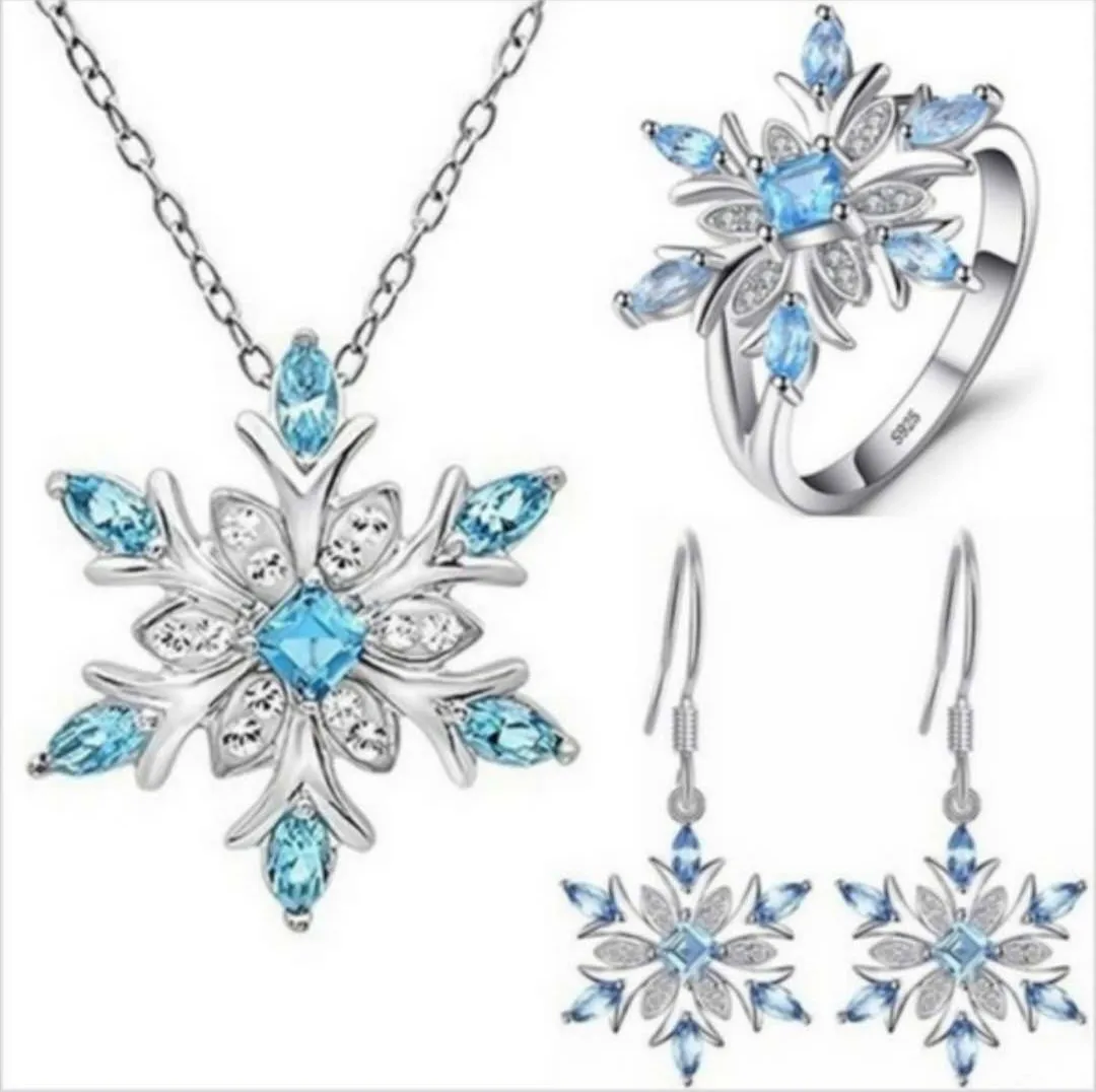 

925 Sterling Silver Trendy Snow Flower Crystal Wedding Engagement Jewelry Set For Women Pendant Necklace Earrings Rings Set