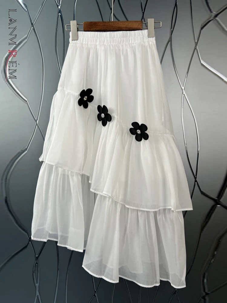 

LANMREM Irregular Beaded Flower Stitched Skirt Women's 2022 Summer New High Waist Organza Loose A-line Skirts Female 2R1944