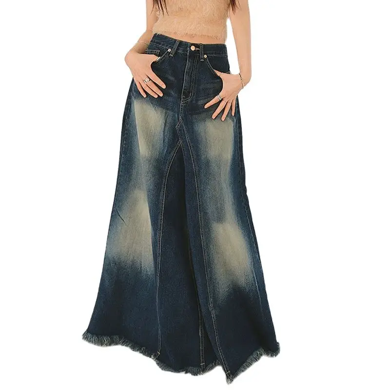 

High waist slim denim skirt Old washed fishtail raw hem design denim skirt Women