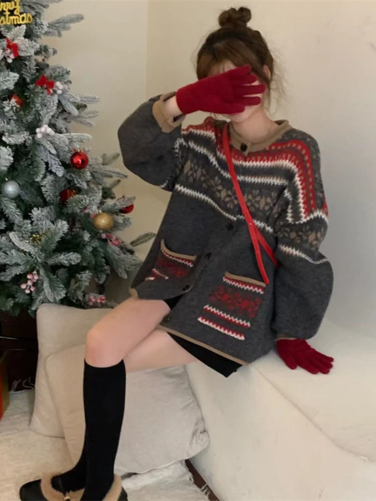 Осень/зима 2024 модный новый женский теплый вязаный кардиган с принтом в