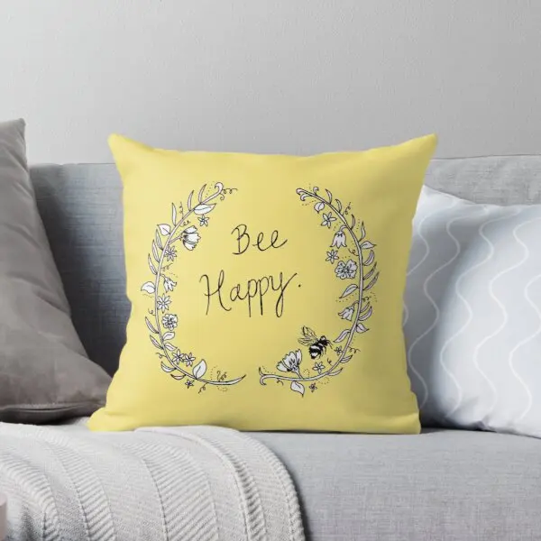 

Bee Happy Printing Throw Pillow Cover Soft Decorative Square Wedding Throw Sofa Hotel Anime Car Home Decor Pillows not include
