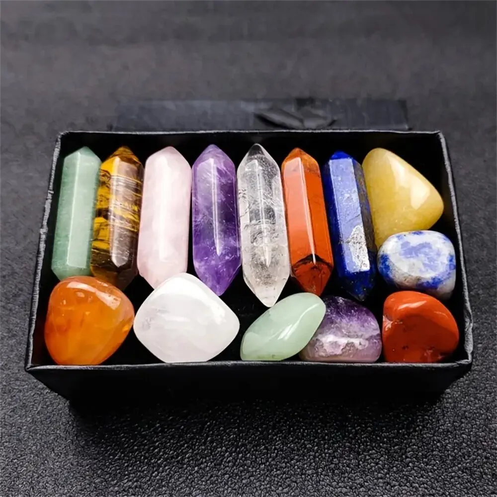 

14pcs Pointed Quartz Crystal Chakra Healing Stones And Crystals Set Hexagon Rose Quartz Gems For Meditation Bedroom Decor