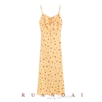 printed sleeveless halter a line dress for ruandai 2022 summer new french floral high waist slim pullover long dresses women