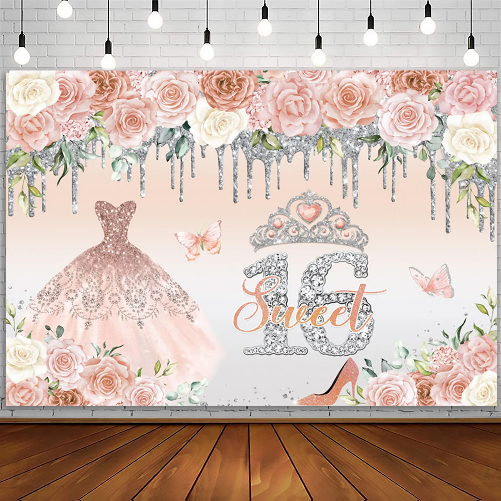 Сладкий 16 День Рождения Фон Цветы Блестящие Платья Бриллиантовая Корона Сладкие